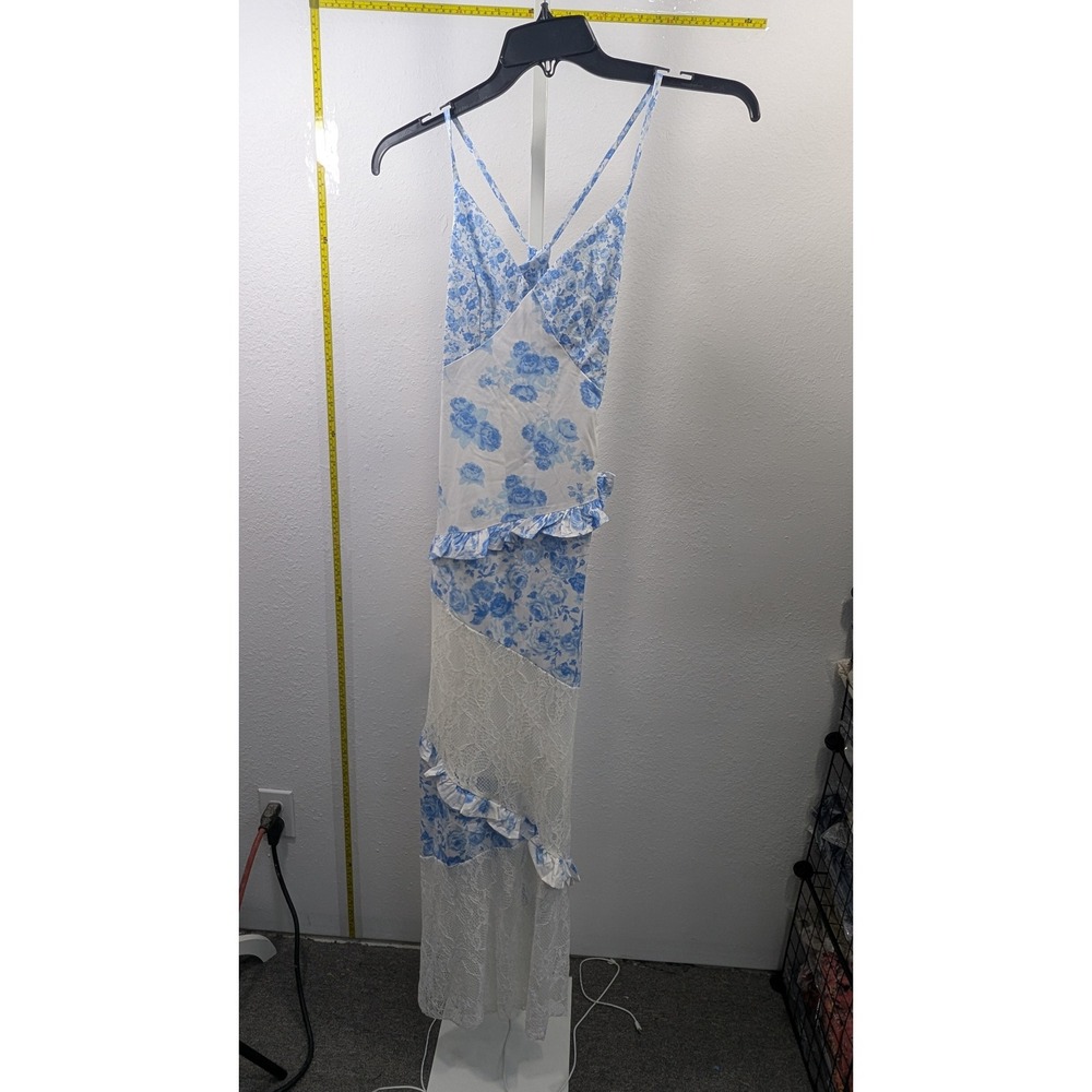 Blue Floral Lace Ruffle Maxi Dress XS Boho V-Neck Tiered Sundress White Blue